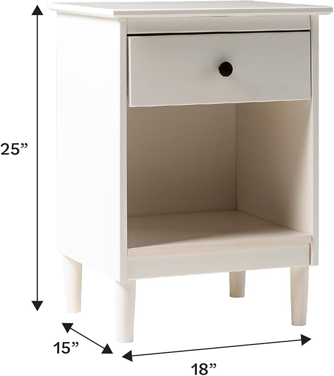 Walker Edison Traditional Wood 1 Drawer Nightstand Side Table Bedroom Storage Drawer and Shelf Bedside End Table, 18 Inch, White