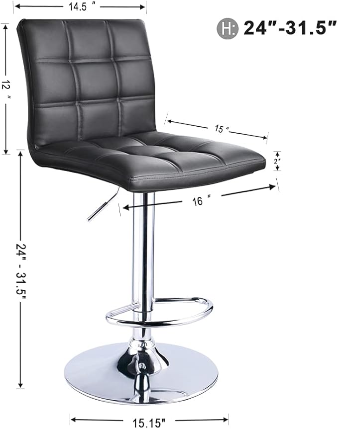 Leopard Modern Square PU Leather Adjustable Bar Stools with Back, Squre Back Bartool, Counter Height Swivel Stool, 1 Chair (Black)