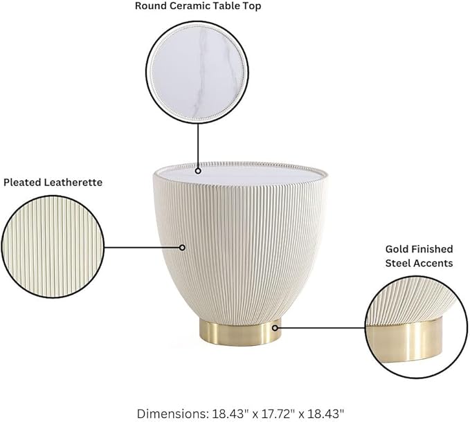 Manhattan Comfort Anderson Modern 18" Round End Table 2.0 | Ceramic Marble Tabletop, Elegant Pleated Leatherette Design & Gold Stainless Steel Base, Fully Assembled Accent Furniture, Set of 1, Cream