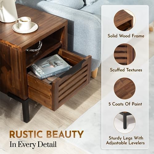 Bme Millie Solid Acacia Wood Rustic Nightstand with Drawers & Open Shelf, Pre-Assembled Modern Industrial Side Table for Bedroom or Living Room Use