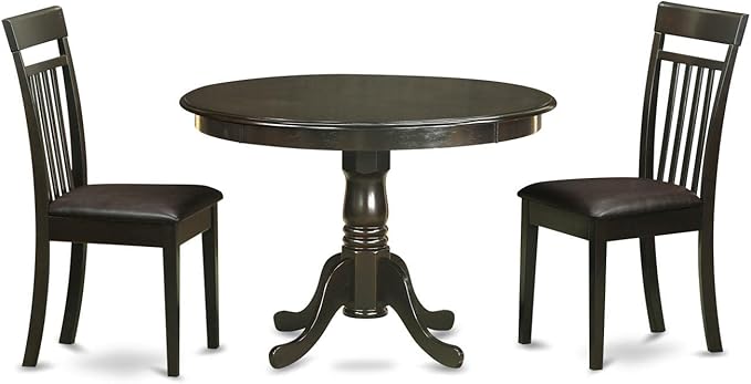 East West Furniture HLCA3-CAP-LC 3 Piece Modern Dining Table Set Contains a Round Wooden Table with Pedestal and 2 Faux Leather Dining Room Chairs, 42x42 Inch, Cappuccino