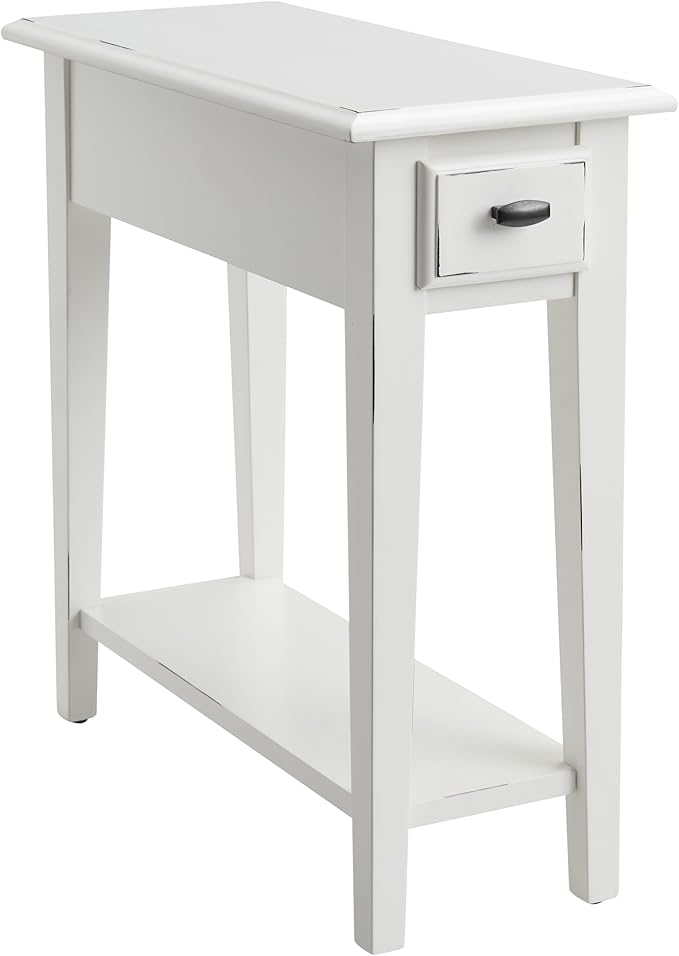 Haven Ridge Narrow End Table, Solid Wood Side Table with Drawer and Shelf, Farmhouse White, Perfect for Living Rooms, Bedrooms, and Small Spaces – Leick Home, 214361