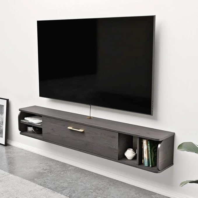 Floating TV Unit, 47'' Wall Mounted TV Cabinet, Floating Shelves with 4 Cabinets, Wooden Entertainment Media Console Center Large Storage TV Bench for Living Room & Office (47IN, Dark Grey)