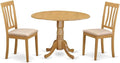East West Furniture DLAN3-OAK-C 3 Piece Kitchen Table & Chairs Set Contains a Round Dining Room Table with Dropleaf and 2 Linen Fabric Upholstered Dining Chairs, 42x42 Inch, Oak