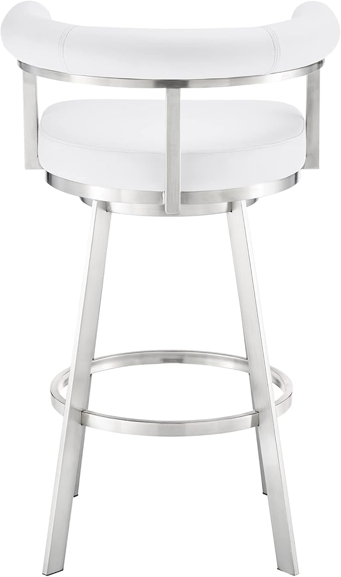 Armen Living Magnolia Swivel Bar Stool in Brushed Stainless Steel with White Faux Leather