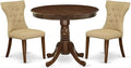 East West Furniture ANGA3-AWA-03 3 Piece Dining Set Contains a Round Dining Room Table with Pedestal and 2 Upholstered Chairs, 36x36 Inch, Antique Walnut