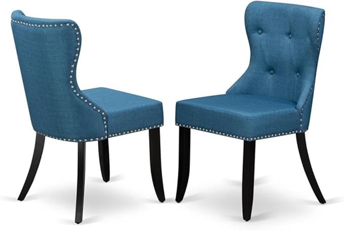 East West Furniture LGSI9-BLK-21 9 Piece Dining Table Set Includes a Rectangle Dining Room Table with Butterfly Leaf and 8 Blue Linen Fabric Upholstered Chairs, 42x84 Inch, Black