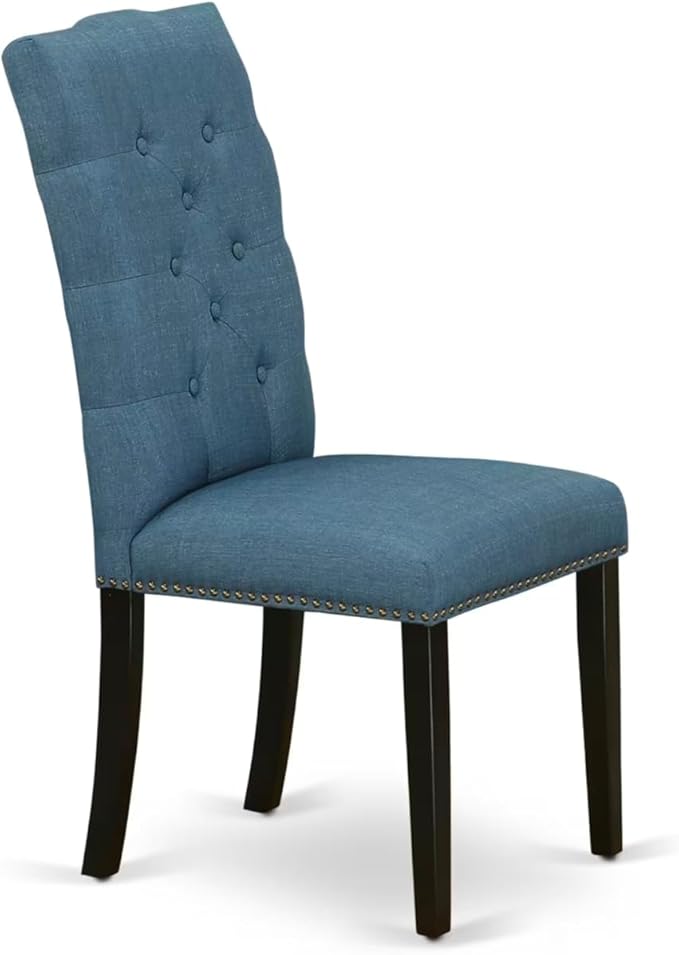 East West Furniture V677EL121-9 9 Piece Dining Set Includes a Rectangle Dining Room Table with V-Legs and 8 Blue Linen Fabric Upholstered Parson Chairs, 40x72 Inch, Multi-Color