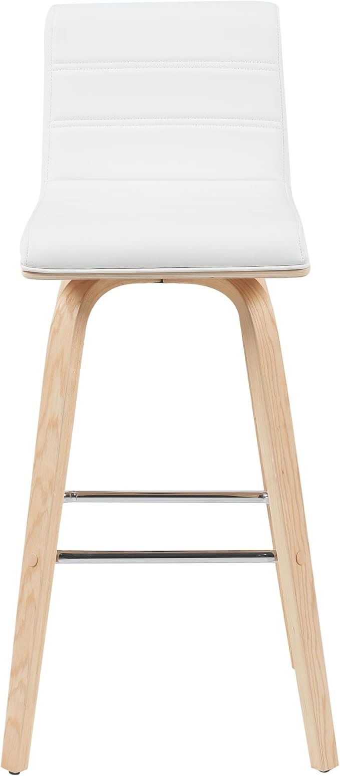 Vienna Modern Swivel Bar Height Stool with White Faux Leather Seat and Patterned Oak Wood Frame Set of 3