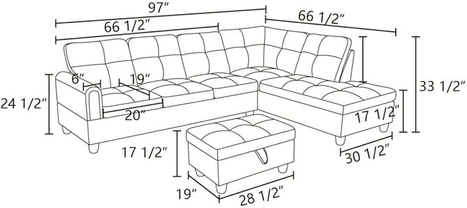 Denim L-Shaped 3-Piece Faux Leather Sofa with Storage Ottoman Set, Sectional Couch Sofa Set for Living Room, Office, Small Space