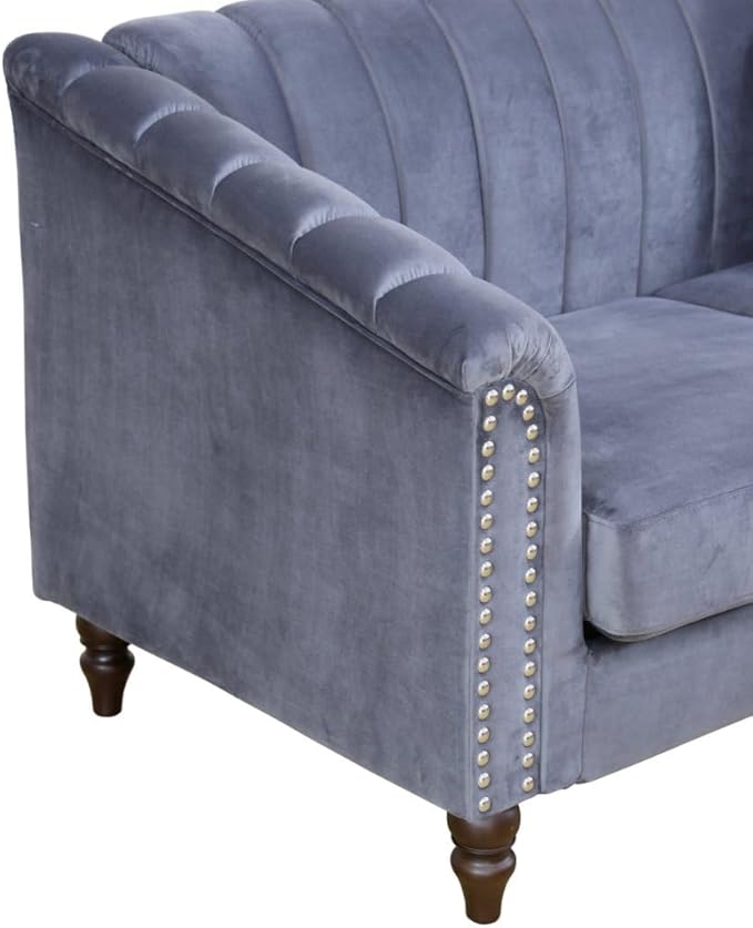 Sectional Sofa Set, Microfiber Chesterfield Upholstered Sofas Loveseat Couch Chair Sets with Style Button Tufted, Scroll Arms and Nailhead for Living Room, Office, Apartment, Grey,S