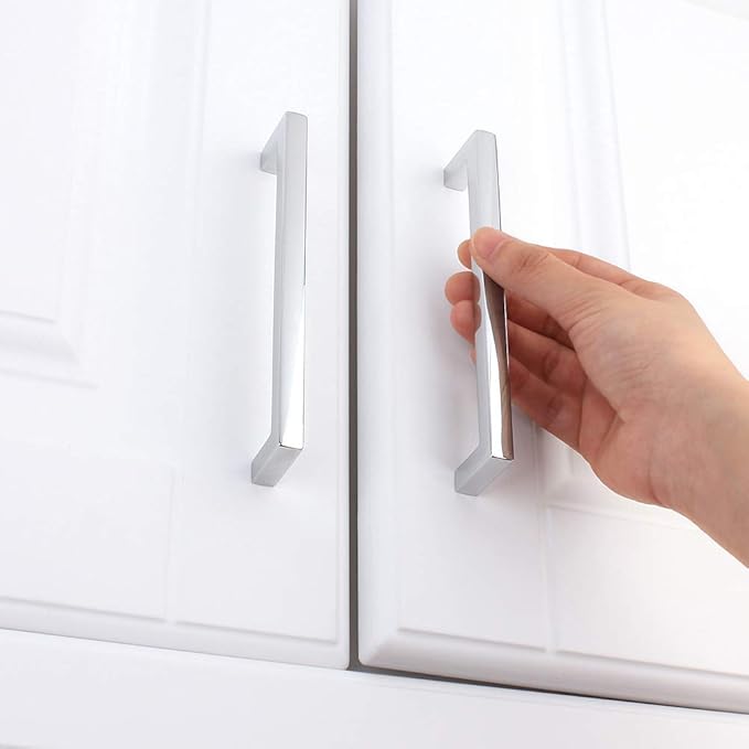 KOOFIZO Solid Square Bar Cabinet Handle - Chrome Furniture Pull, 5 Inch/128mm Screwhole Distance, 10-Pack for Kitchen Cupboard Door, Bedroom Dresser Drawer, Bathroom Wardrobe Hardware