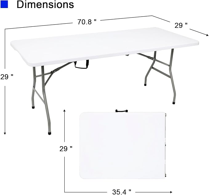 2 PCS 70.8" W X 29" D X 29" H - 6 ft White Folding Table White Portable Heavy Duty Plastic Fold-in-Half Utility Foldable Table for Camp，Picnic & Party