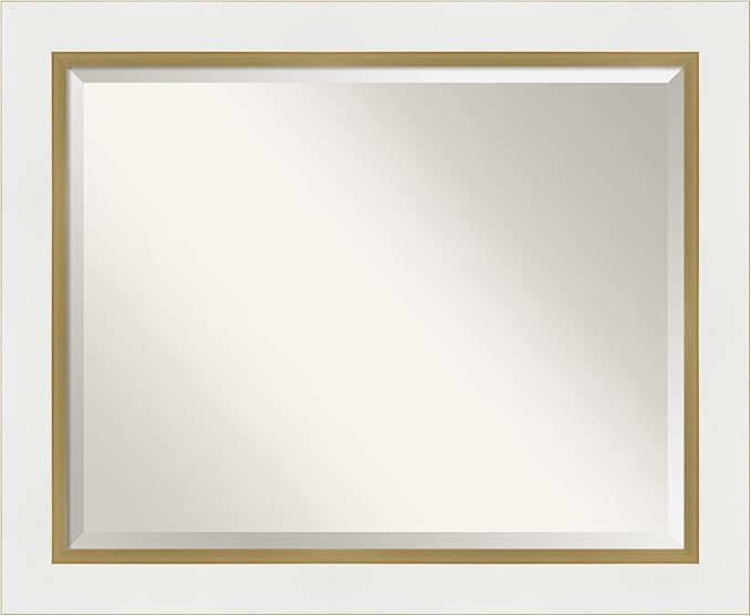 Amanti Art White Bathroom Mirror for Over Sink, 27x33 Eva White Gold Rectangle Vanity Mirror, Large Modern Contemporary Frame, Hangs Horizonally and Vertically, Bathroom Wall Decor, Beveled Edge