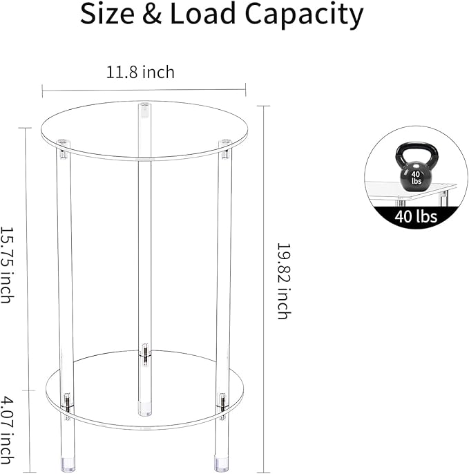 Clear Round Acrylic Side Table Set of 2 for Small Spaces, 11.81" L x 11.81" W x 19.82" H, 2 Tier Small Modern Drink End Table Nightstand, Mini Bedside Table for Living Room, Bedroom, Bathroom