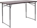 Flash Furniture Mills 4-Foot Height Adjustable Bi-Fold Brown Wood Grain Plastic Folding Table with Carrying Handle
