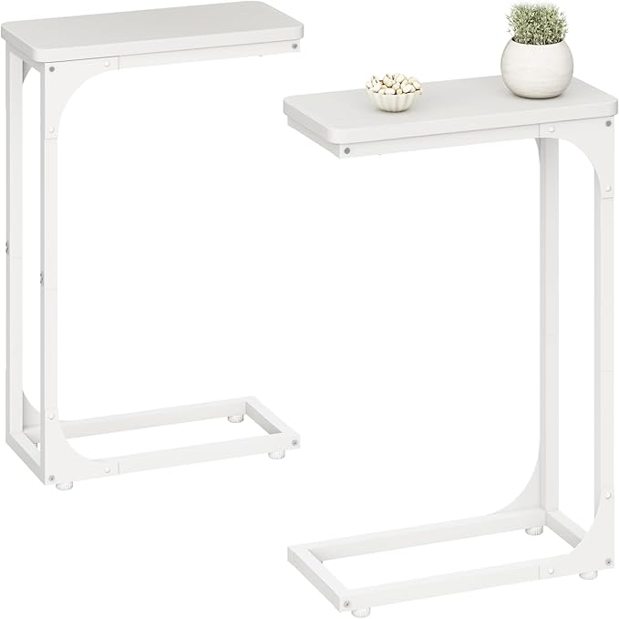 QEEIG Narrow C Shaped Side Table Set of 2 Living Room Sets Slim Couch Tray Tables Skinny Thin Small Modern 7 inch Width, White (017-18WW)