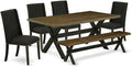 East West Furniture X677FL624-6 6 Piece Dining Set Contains a Rectangle Dining Room Table with X-Legs and 4 Black Linen Fabric Parson Chairs with a Bench, 40x72 Inch, Multi-Color