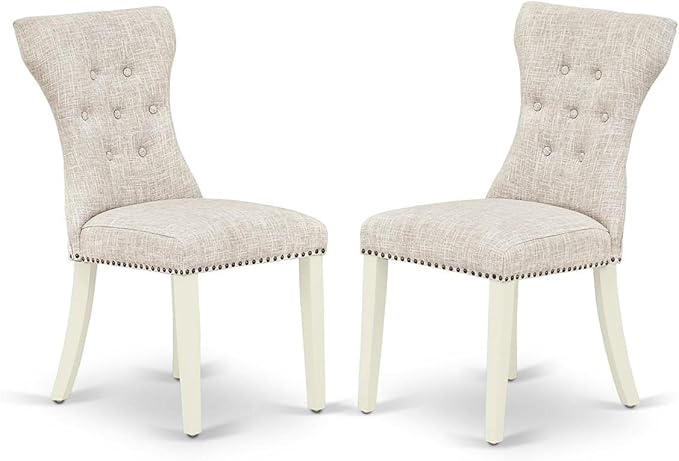 East West Furniture ANGA3-LWH-35 3 Piece Dining Room Furniture Set Contains a Round Dining Table with Pedestal and 2 Doeskin Linen Fabric Upholstered Chairs, 36x36 Inch, Linen White