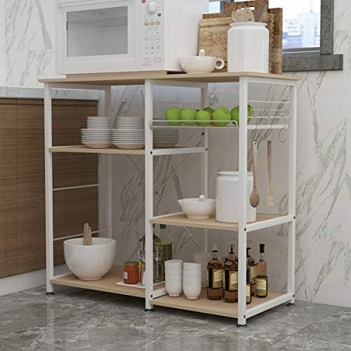 soges Kitchen Bakers Rack with 5 Hooks, Microwave Stand, Coffee Bar Station, Industrial Storage Shelf with Wire Basket, Adjustable Feet, Sturdy Metal Frame for Kitchen, Pantry, Living Room, White Oak