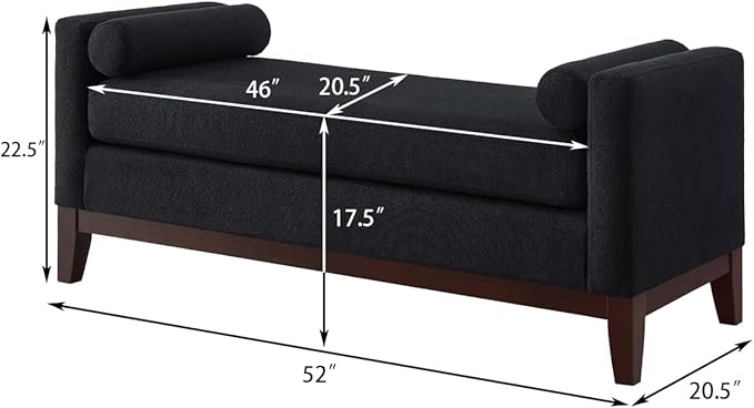 24KF Large Upholstered Boucle Fabric Ottoman with Pillows,Comfort Padded Window Bench for Living Room,Entryway Bench,5095-Black
