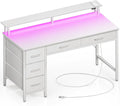 Seventable Computer Desk with Power Outlets & LED Light, 47 inch Home Office Desk with 5 Drawers, Writing Desk with Monitor Stand, Work Desk for Home Office, White