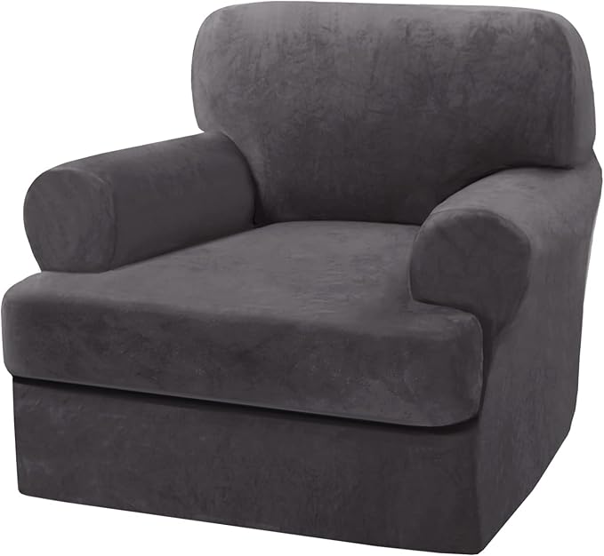 H.VERSAILTEX Sofa Cover 2 Piece T Cushion Armchair Slipcovers Thick Velvet Couch Cover Furniture Protector Stretch T Cushion Sofa Covers for 1 Cushion Couch with 1 Individual T Cushion Covers, Grey