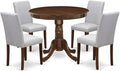 East West Furniture ANAB5-AWA-05 5 Piece Kitchen Table & Chairs Set Contains a Round Dining Room Table with Pedestal and 4 Upholstered Chairs, 36x36 Inch, Antique Walnut