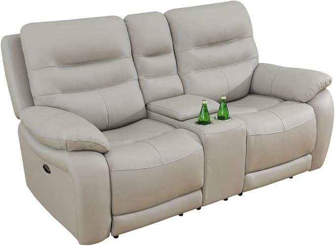 Electric Power Recliner Loveseat Genuine Breathing Leather Recliner Couch 2-Seater, Comfy Wide Lazy Top Grain Leather Sofa with USB Port, Center Console, Cup Holders (Grey, Two Seater Loveseat)