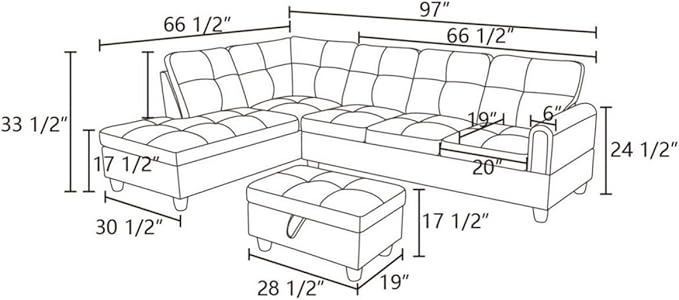 Silver Green L-Shaped 3-Piece Faux Leather Sofa with Storage Ottoman Set, Sectional Couch Sofa Set for Living Room, Office, Small Space