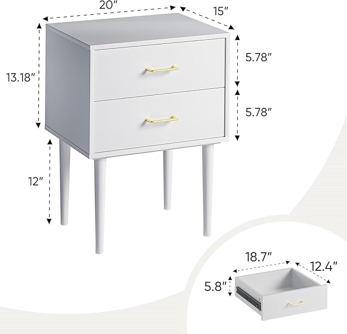 Smart FENDE 26 inch Tall White Nightstand with 2 Drawers, Modern Night Stand Set of 2, Mid-Century Modern End Table, Wooden Bedside Table with Solid Wood Leg for Bedroom