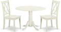 East West Furniture DLCL3-LWH-W 3 Piece Dining Room Table Set Contains a Round Dining Table with Dropleaf and 2 Wood Seat Chairs, 42x42 Inch, Linen White