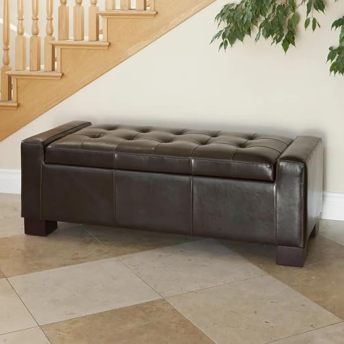 Ball & Cast 50.8" Upholstered PU Storage Ottoman with Tufted Waffle Stitch,End Bench w/Uses Pressure Hinges and Wood Legs,Entryway Footrest Stool for Living Room & Bedroom,Brown