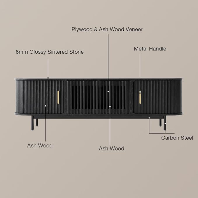 POVISON Sliding Tambour Door TV Stand, Mid Century Modern Sintered Stone TV Console, Wood Media Console for 75 Inch TV, Entertainment Center with Storage Cabinet, Fully-Assembled (Black, 78.74")