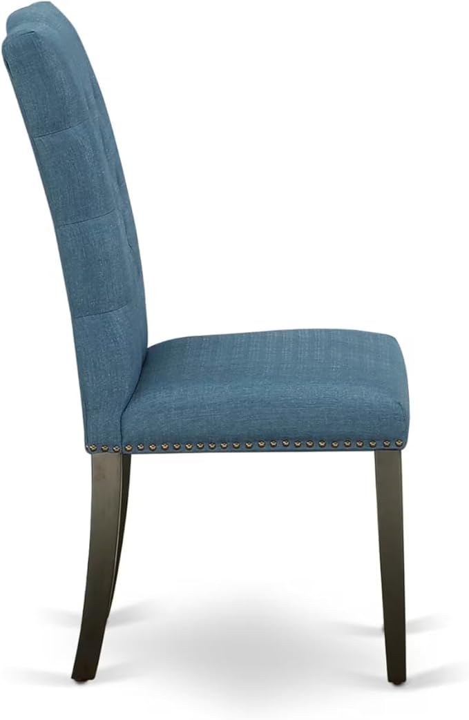 East West Furniture V677EL121-9 9 Piece Dining Set Includes a Rectangle Dining Room Table with V-Legs and 8 Blue Linen Fabric Upholstered Parson Chairs, 40x72 Inch, Multi-Color