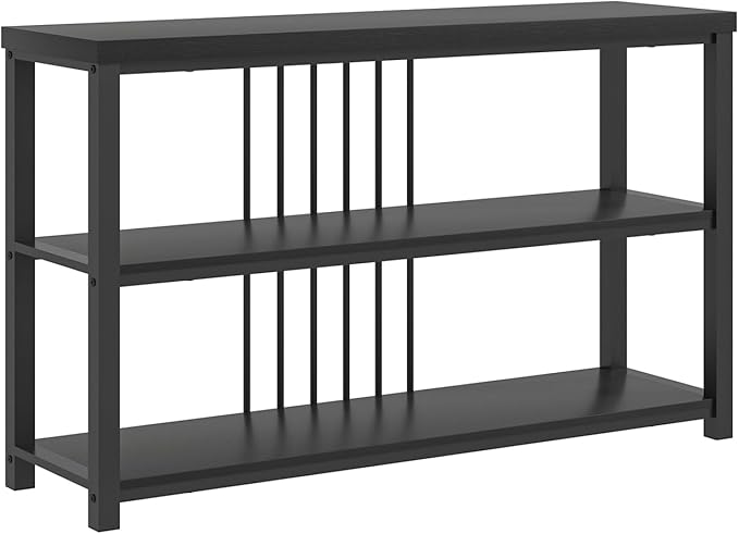 FOLUBAN Entryway Table, Modern Sofa Console Table with 3 Tier Storage Shelf for Living Room Hallway Foyer, Industrial Black Oak
