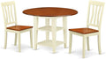 East West Furniture SUAN3-BMK-W 3 Piece Dining Room Table Set Contains a Round Dining Table with Dropleaf & Shelves and 2 Wood Seat Chairs, 42x42 Inch, Buttermilk & Cherry