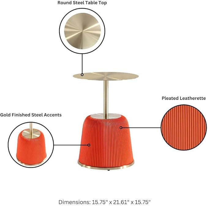 Manhattan Comfort Anderson Modern 15.75" Round End Tables 1.0 - Elegant Leatherette Upholstered Base with Pleated Design & Gold Steel Tabletop, Fully Assembled Accent Furniture, Set of 2, Orange
