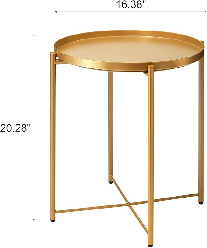 danpinera Gold Side Table, End Table for Small Spaces Outdoor Desk Round Metal Patio Coffee Nightstand Waterproof Removable Tray Desk for Living Room Bedroom Balcony Office