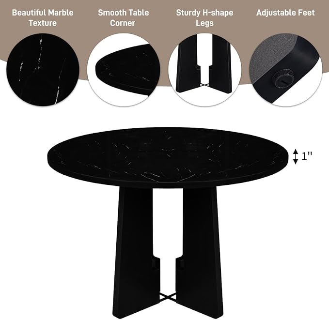 Ball & Cast Dining Table Set for 4,5-Piece Kitchen Table Set W/ 43" Round Faux Marble Bar Table,Living Room Furniture W/ 4 Linen Upholstered Chairs,for Dining Room,Kitchen,Restaurant,Grey+Black
