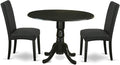 East West Furniture DLDR3-BLK-24 3 Piece Kitchen Table Set Contains a Round Dining Table with Dropleaf and 2 Black Color Linen Fabric Upholstered Chairs, 42x42 Inch, Black