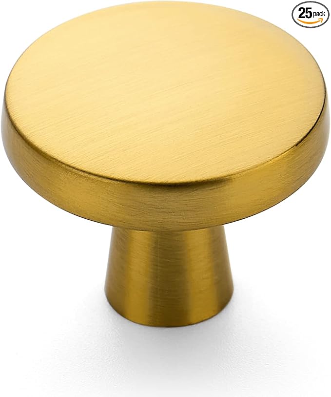 Ravinte 25 Pack Drawer Pulls 1-1/4 Inch Kitchen Cabinet Knobs Solid Brushed Brass Round Dresser Drawer Knobs Gold Dresser Knobs Drawer Knobs Simple Cabinet Hardware for Cupboard Drawer Pulls