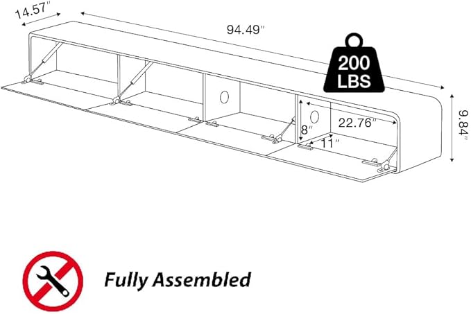 Fully-Assembled Minimalist Floating TV Stand, Modern Wall-Mounted Entertainment Center with 4 Flip-Down Cabinet Doors, Solid Wood Media Console, Black Oak, 94"