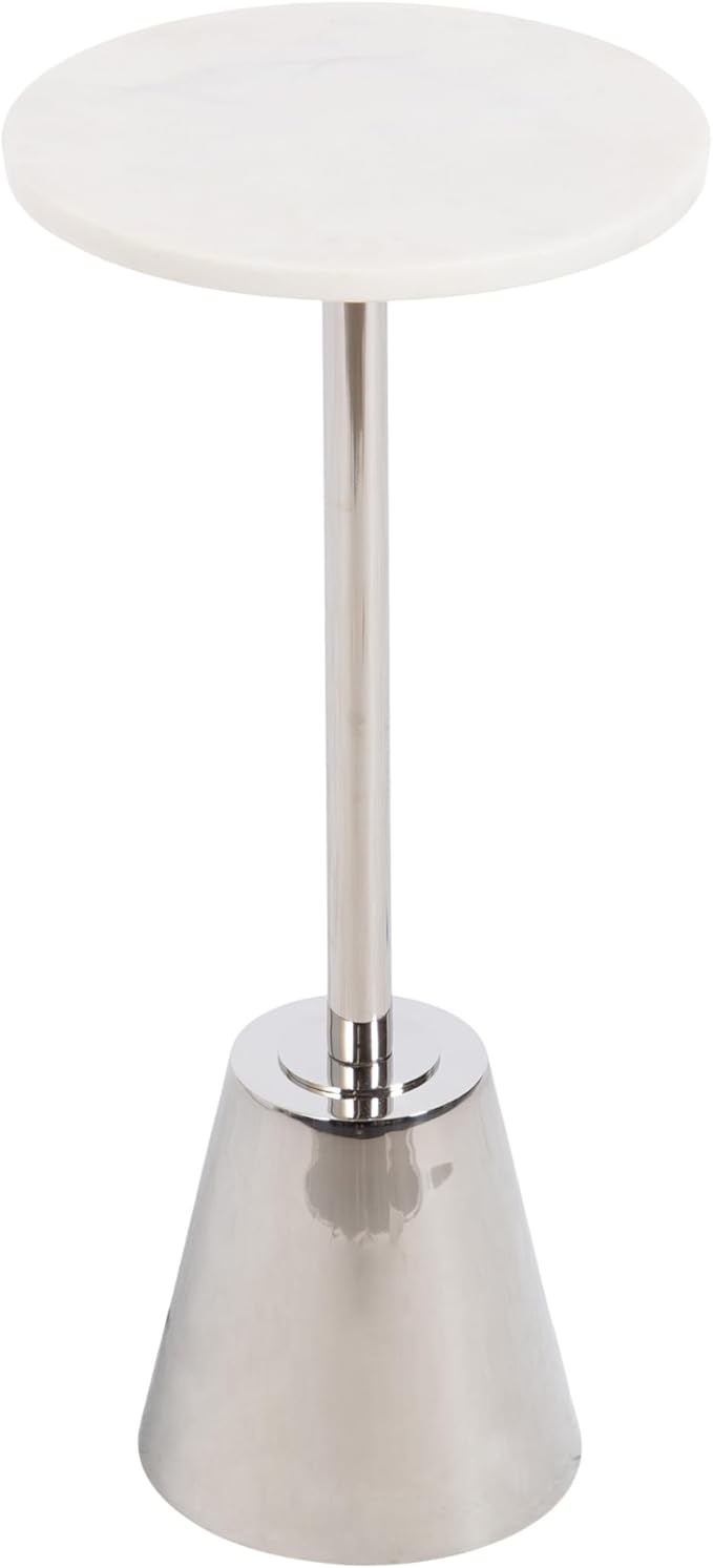 Kate and Laurel Tira Elegant Round Drink Table, 10 x 22, White Marble and Silver, Modern Glam Circle Martini Table for Use as a Small Bedroom Nightstand or Living Room Plant Stand Option