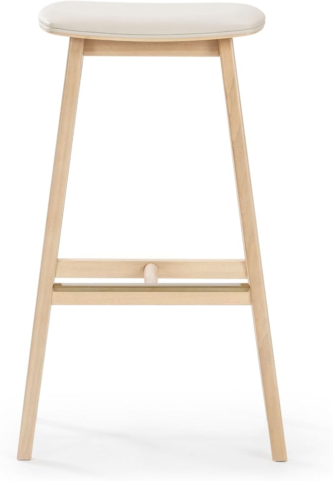 Plank+Beam Beryl Bar Height Stool - Mid-Century Modern Rubberwood Bar Stool with Faux Leather Seat, Metal Footrest, Easy Assembly, 2-Pack, Blonde/Sesame