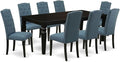 East West Furniture LGCE9-BLK-21 9 Piece Dining Table Set Includes a Rectangle Kitchen Table with Butterfly Leaf and 8 Mineral Blue Linen Fabric Upholstered Chairs, 42x84 Inch, Black