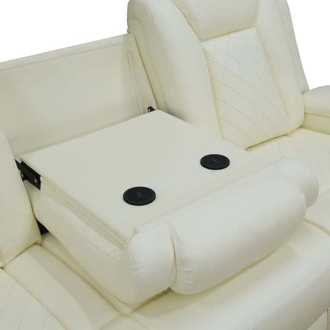 Electric Power Recliner Chair/Loveseat/Sofa Living Room, Comfy Home Theater Breathing Leather Seating with USB 2.0 Charging Ports, LED Light Strips, Fold-Down Table & Cupholders (White, 3-Piece)