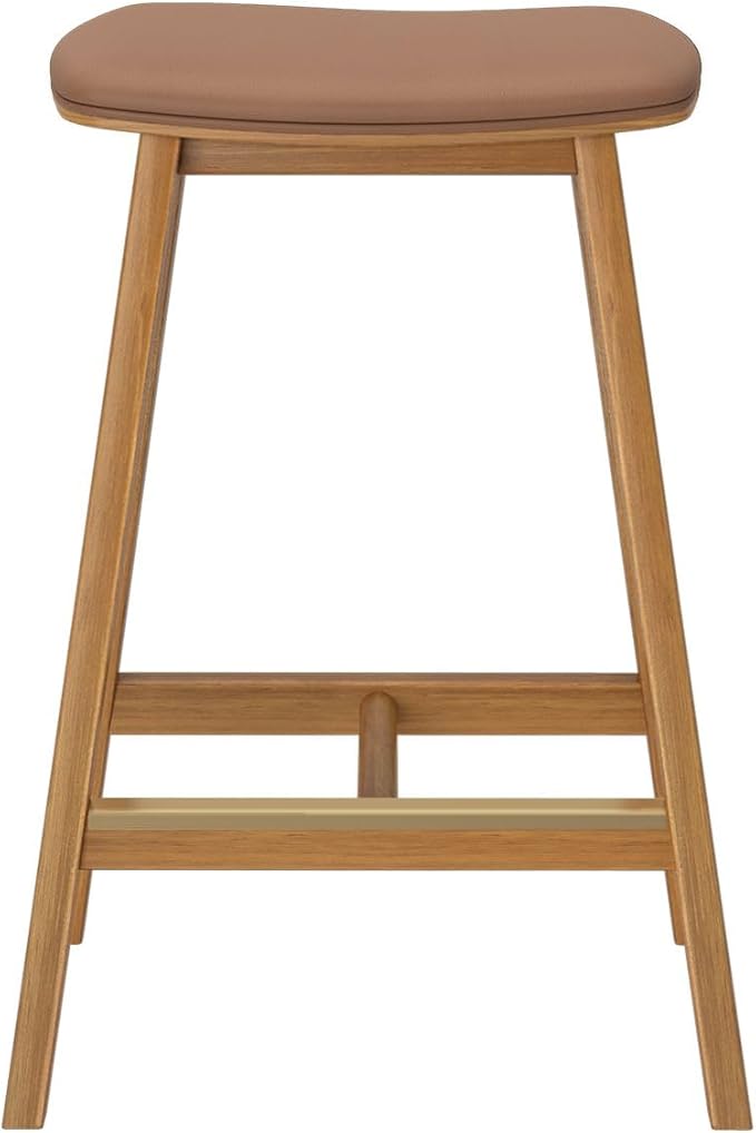 Plank+Beam Beryl Counter Height Stool - Mid-Century Modern Rubberwood Bar Stool with Faux Leather Seat, Metal Footrest, Easy Assembly, Pecan/Toffee