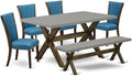 East West Furniture X797VE721-6 6 Piece Dining Table Set Contains a Rectangle Dining Room Table with X-Legs and 4 Blue Color Linen Fabric Parson Chairs with a Bench, 40x72 Inch, Multi-Color
