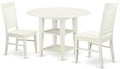 East West Furniture SUWE3-LWH-W 3 Piece Modern Dining Table Set Contains a Round Wooden Table with Dropleaf & Shelves and 2 Dining Room Chairs, 42x42 Inch, Linen White